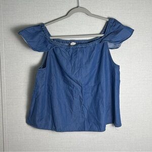 J Crew Top Women's Size Large Chambray‎ Blue Denim Crew Neck Ruffle Cap Sleeve